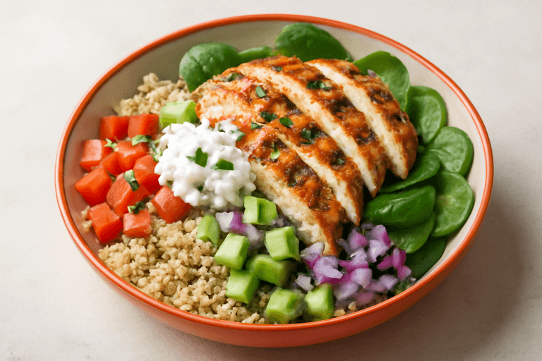 Salată de pui cu quinoa, legume proaspete și dressing de iaurt