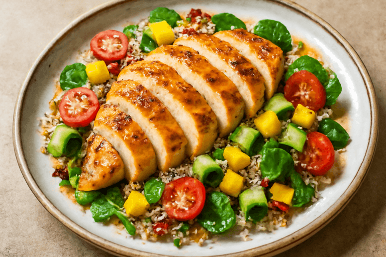 Piept de pui la grătar cu salată de quinoa, legume proaspete și dressing de lămâie