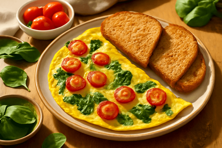 Omelette de Espinacas y Tomate con Tostadas Integrales