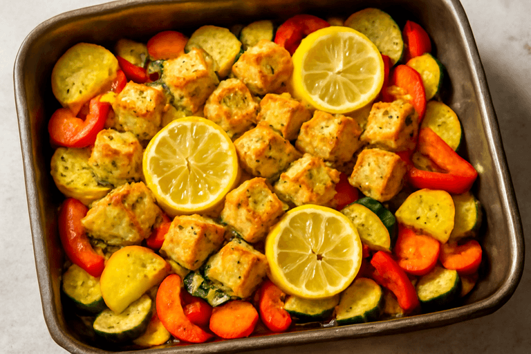 Κοτόπουλο λεμονάτο με φρέσκα λαχανικά στο φούρνο
