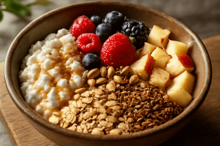Power-Frühstücks-Bowl mit Hüttenkäse und Beeren