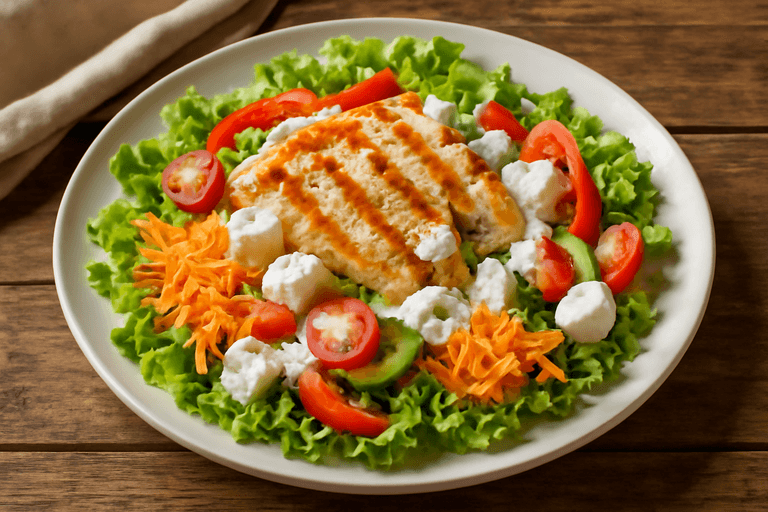 Salată clasică de pui la grătar cu legume proaspete și dressing de iaurt
