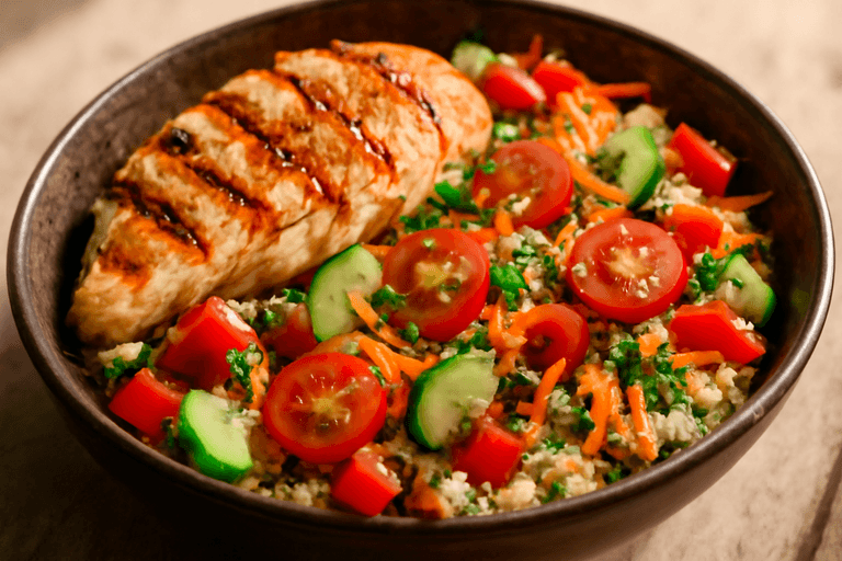 Salată clasică de pui la grătar cu quinoa și legume proaspete