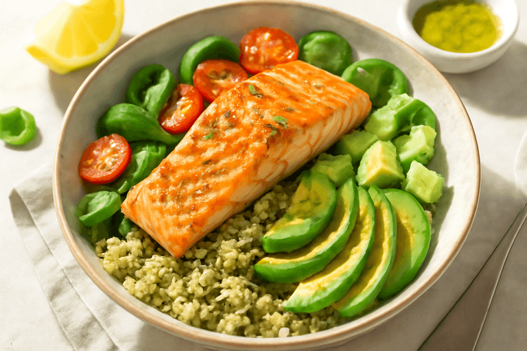 Mediterranean Power Bowl with Grilled Salmon & Quinoa