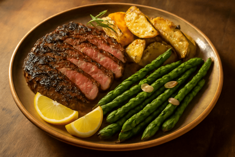 Bistecca di Manzo alla Griglia con Patate Rustiche e Asparagi