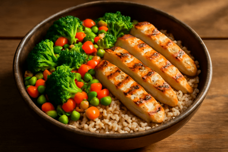 Bowl di Pollo alla Griglia con Riso Integrale e Verdure Rosolate
