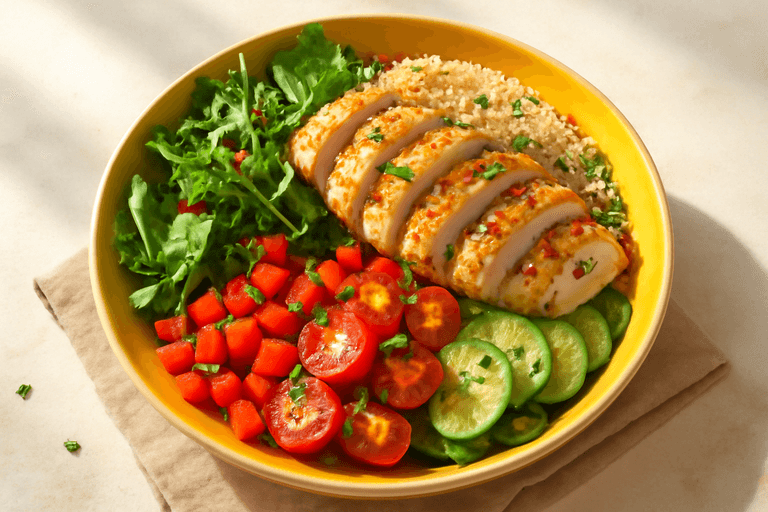 Salată clasică de pui la grătar cu legume proaspete