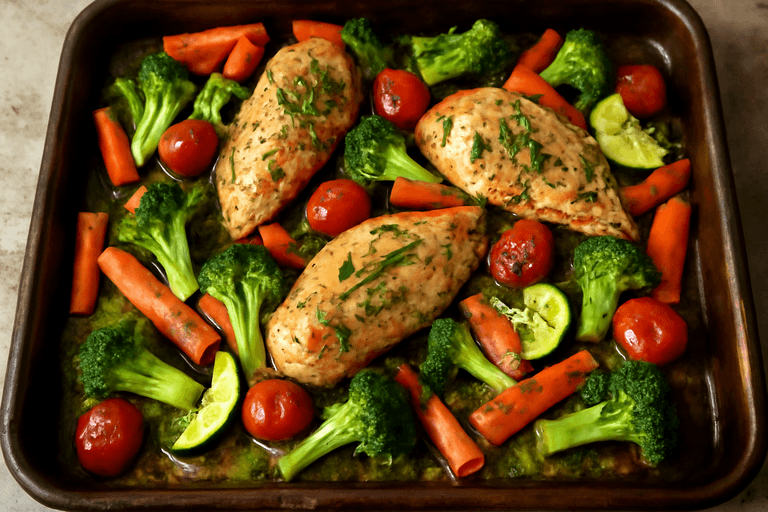 Pui la cuptor cu legume de sezon și ierburi