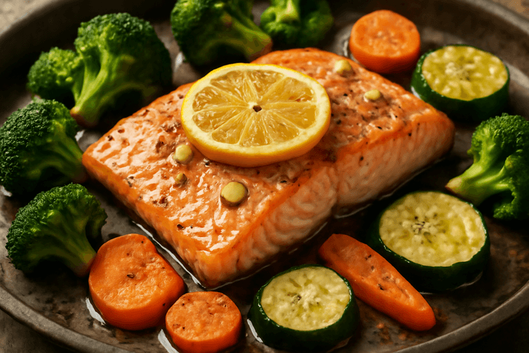 Somon la cuptor cu legume de sezon