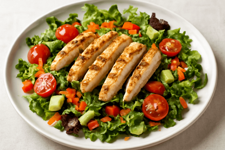 Salată hrănitoare cu piept de pui la grătar și legume proaspete