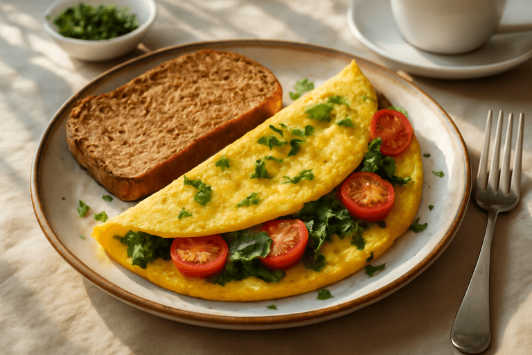 Omelette aux épinards et tomates, pain complet grillé
