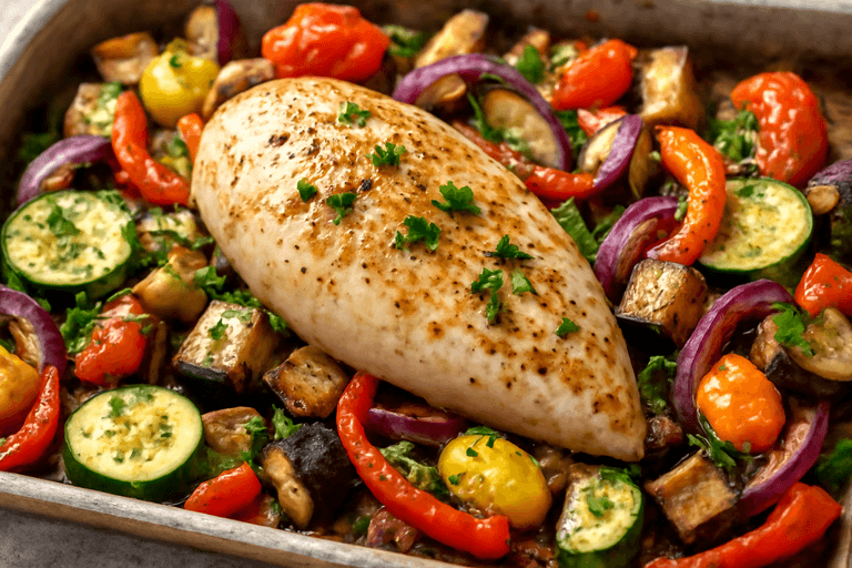 Pollo al horno con verduras mediterráneas