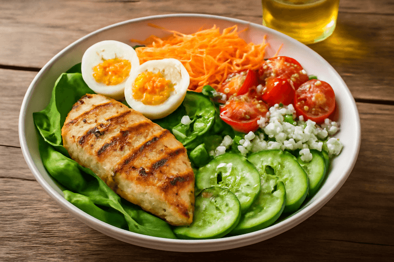 Salată hrănitoare cu piept de pui și legume de sezon