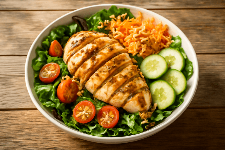 Salată clasică cu piept de pui la grătar și legume proaspete