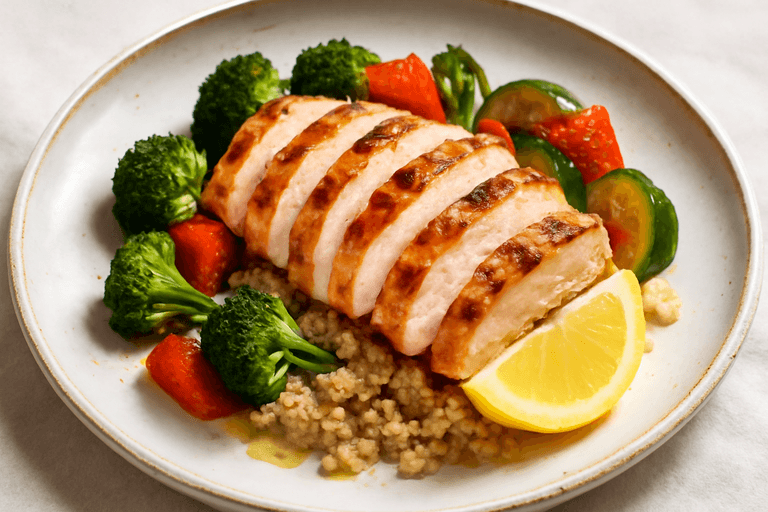 Piept de pui la grătar cu legume coapte și quinoa