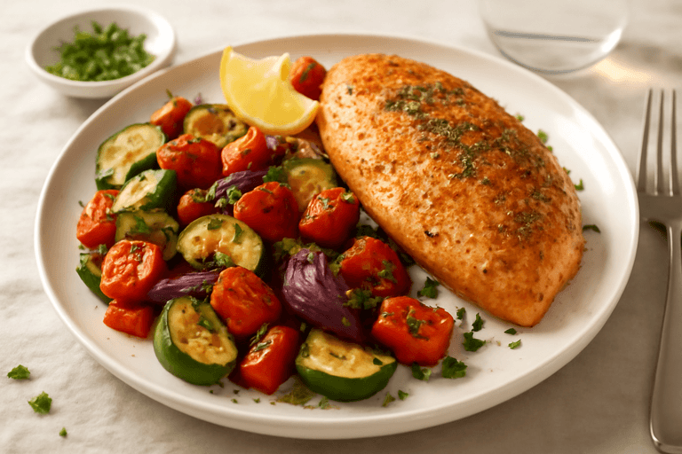 Hähnchenbrustfilet mit mediterranem Ofengemüse