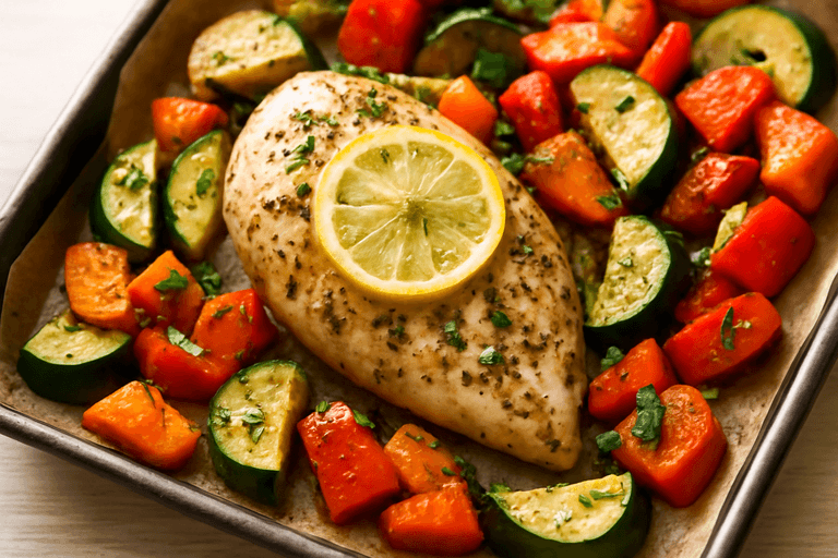 Leichtes Zitronen-Hähnchen mit Ofengemüse