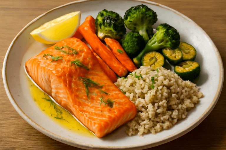 Ugnsbakad lax med grönsaker och quinoa