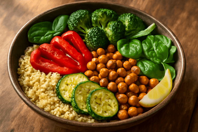 Bowl vegan cu quinoa, năut crocant și legume la cuptor