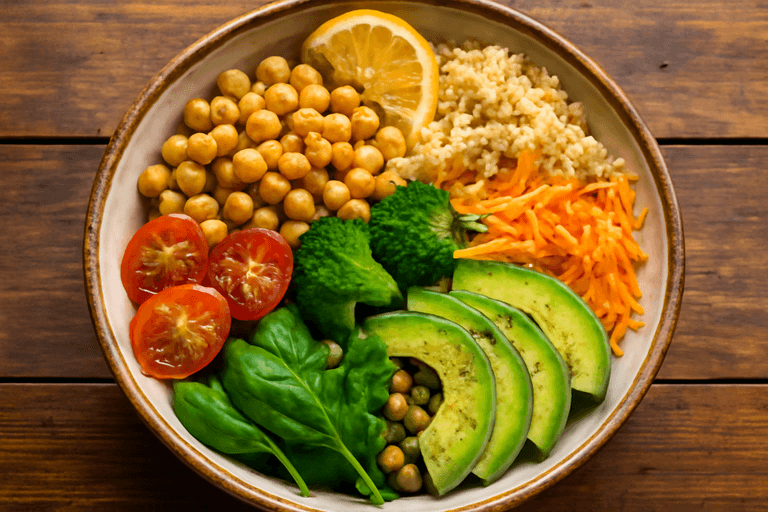 Salată Buddha vegană cu năut și legume colorate