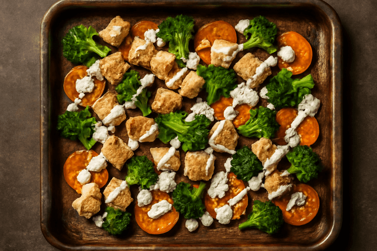 Pui la cuptor cu cartofi dulci și broccoli