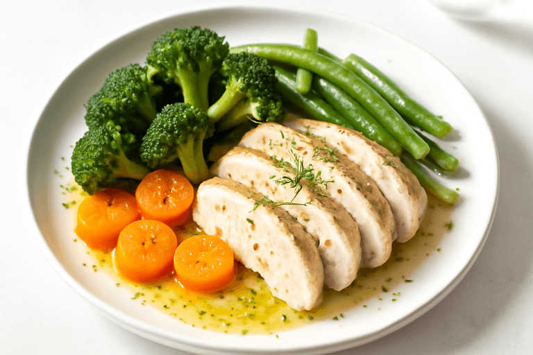 Куриная грудка с овощами на пару и лимонным соусом