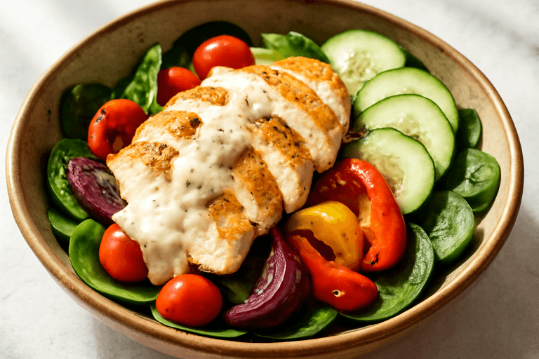 Kyllingsalat med ovnsbakte grønnsaker og kremet dressing