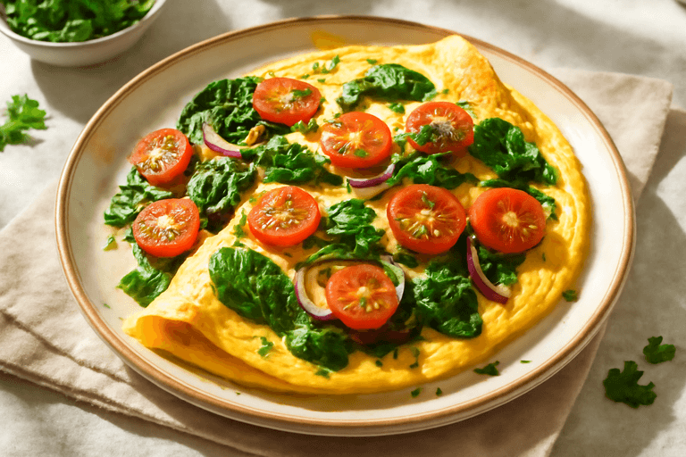 Klassisk Hälsosam Omelett med Spenat och Tomater
