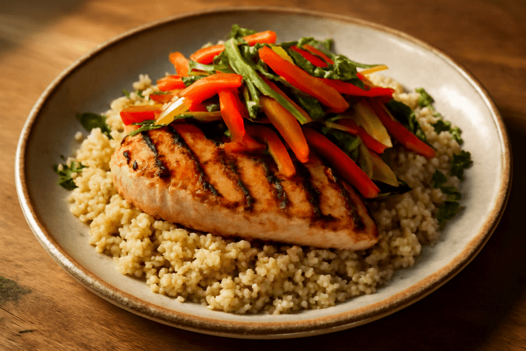 Pollo a la plancha con quinoa y verduras salteadas