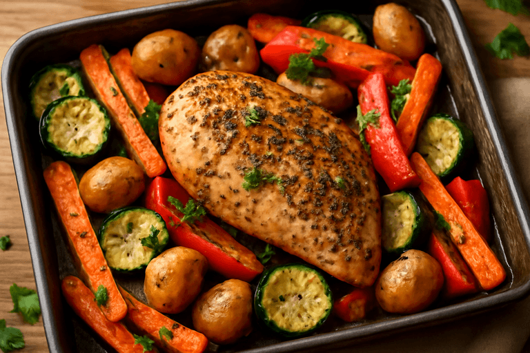 Poulet rôti aux herbes et légumes colorés