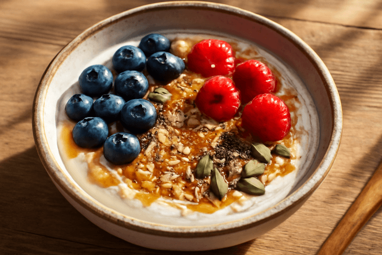 Bol énergisant au yaourt grec, fruits rouges et graines