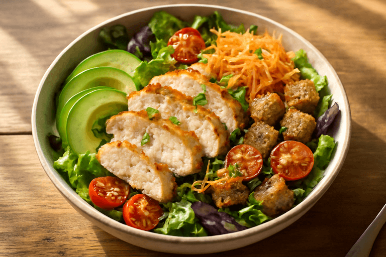 Frischer Hähnchensalat mit Avocado und Vollkorn-Croutons