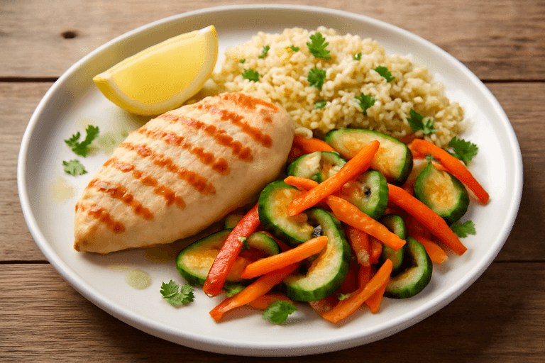 Piept de pui la grătar cu legume sotate și quinoa