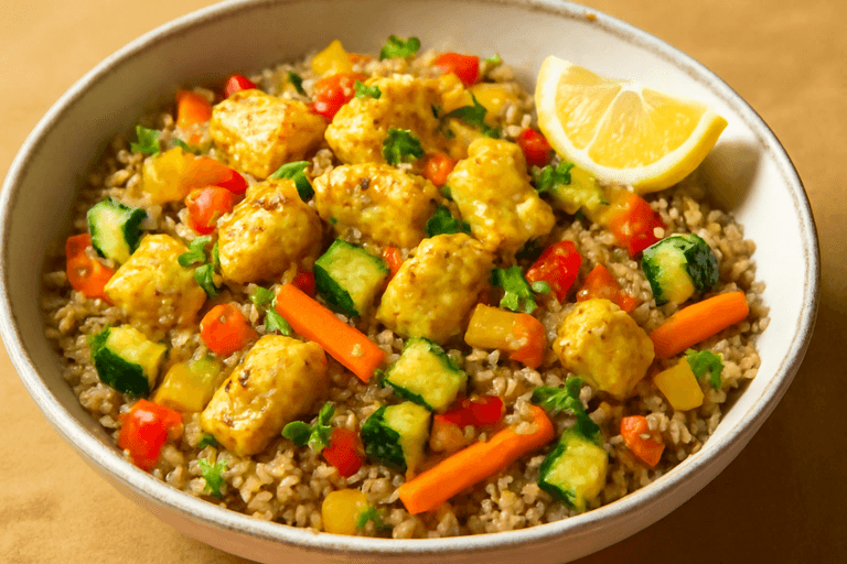Poulet sauté aux légumes colorés et quinoa