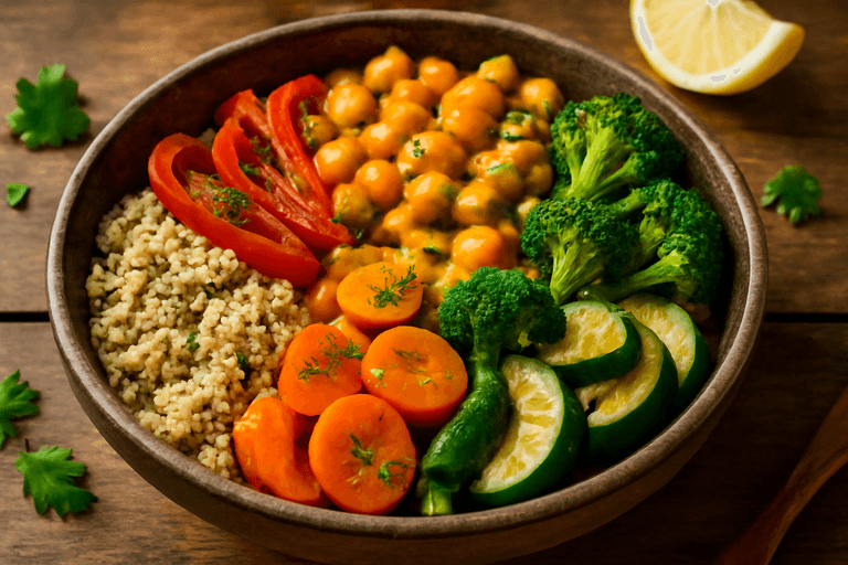 Bol vegan de quinoa cu legume colorate și dressing de lămâie