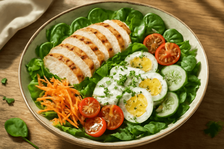 Salată clasică cu piept de pui la grătar și legume colorate