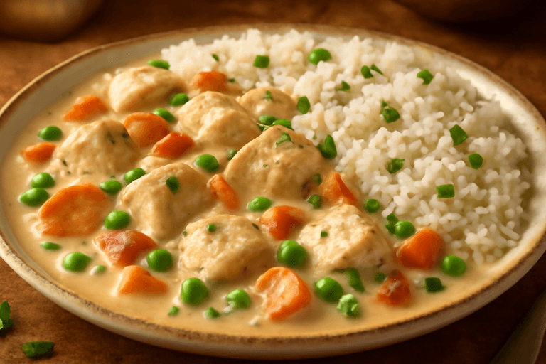 Pui cremos cu orez și legume colorate