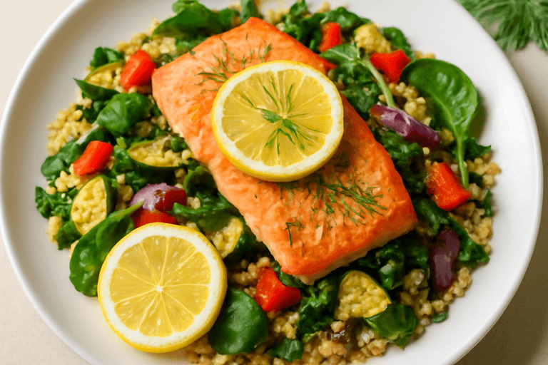 Grekisk lax med citron, quinoa och grönsaker