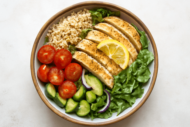Leichter Zitronen-Hähnchen-Salat mit Vollkornreis