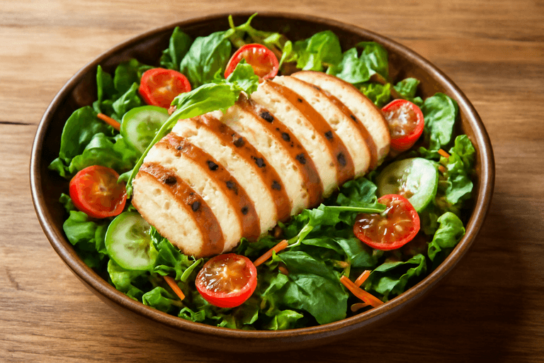 Salată sățioasă cu piept de pui la grătar și legume proaspete