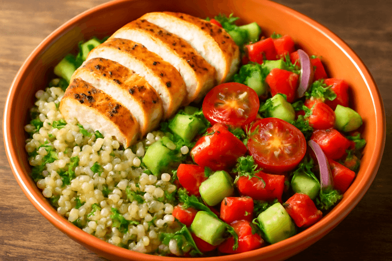 Salada de Frango Grelhado com Quinoa e Legumes Crocantes