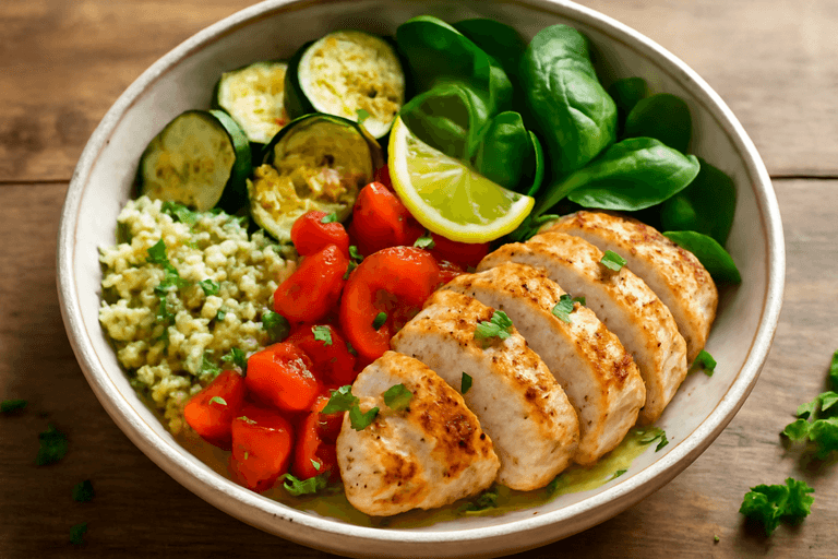 Zdrav piščančji bowl s pečeno zelenjavo in kvinojo