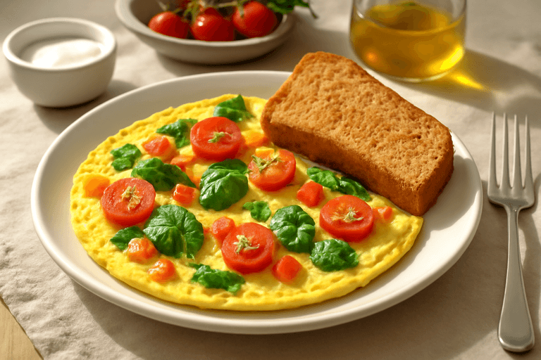 Энергетический омлет с овощами и цельнозерновым тостом