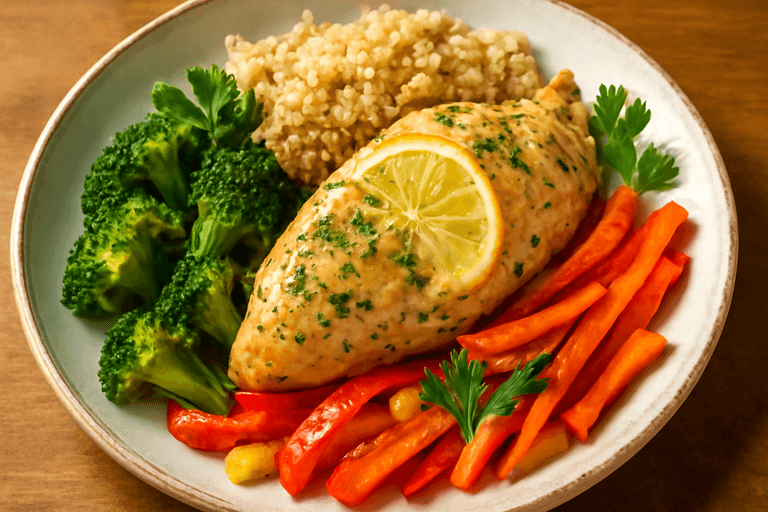 Куриное филе с запечёнными овощами и киноа