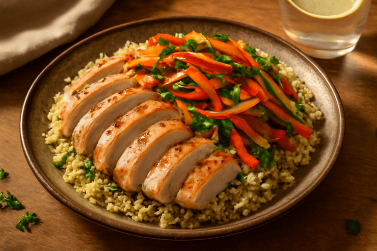 Piept de pui la grătar cu legume sotate și quinoa