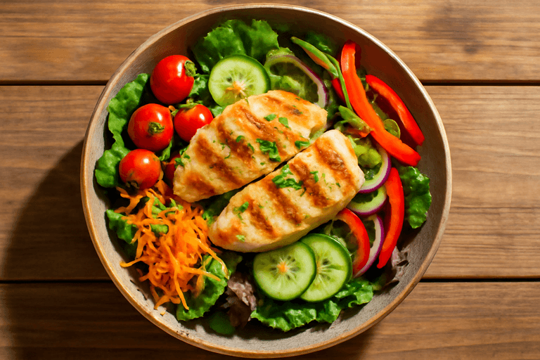 Salată hrănitoare cu piept de pui la grătar și legume de sezon