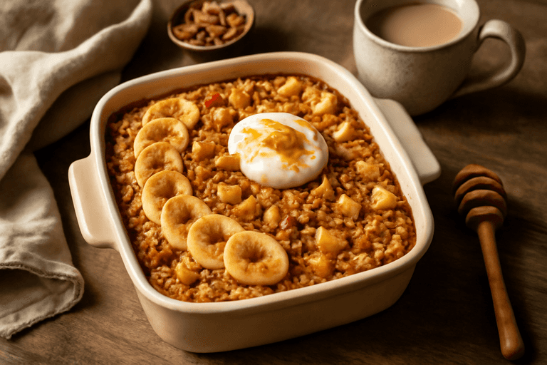 Kraftvoller Frühstücks-Haferauflauf mit Nüssen und Banane