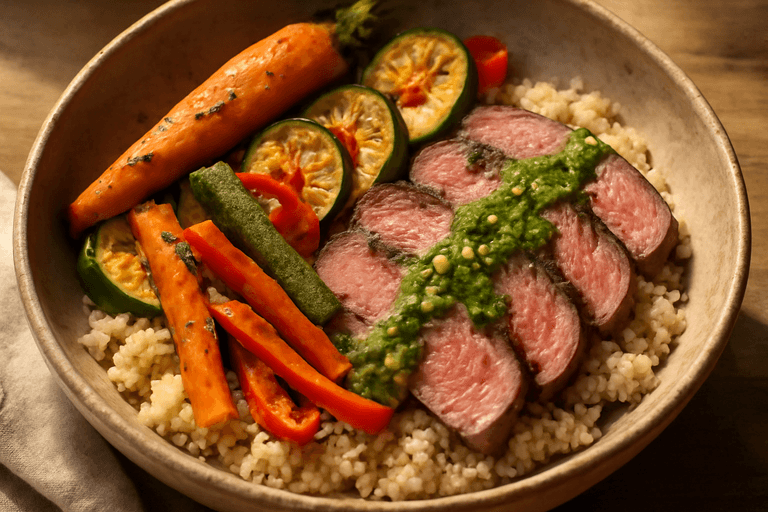 Kräftige Rindersteak-Bowl mit Ofengemüse und Quinoa