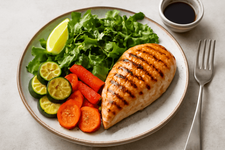 Piept de pui la grătar cu legume rumenite și salată verde