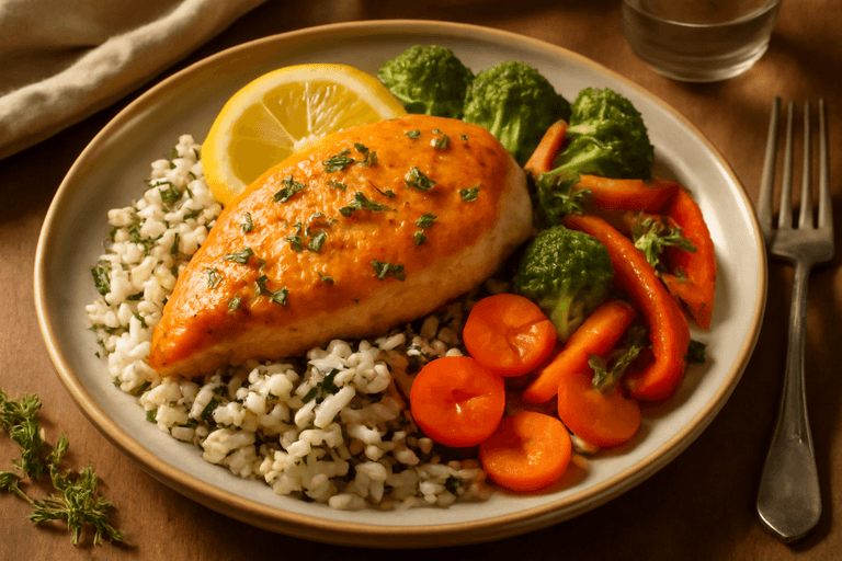 Zitronen-Hähnchen mit Gemüse und Wildreis